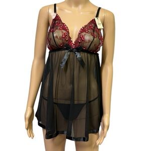 Spree Intimates Semi Sheer Babydoll Lingerie 2 Piece Set G String Womens Small